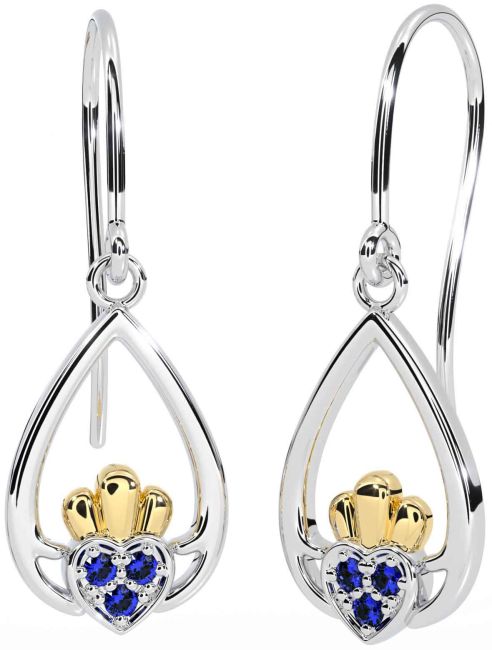 Sapphire Gold Silver Claddagh Dangle Earrings