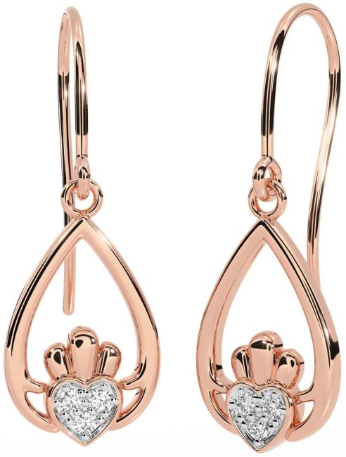 Diamond Rose Gold Silver Claddagh Dangle Earrings