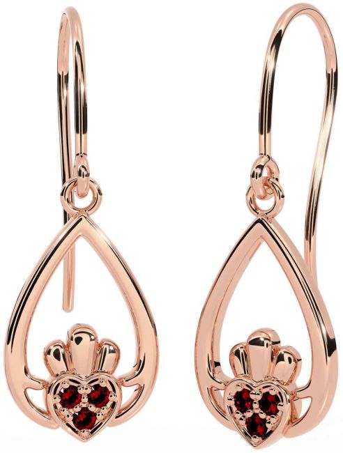 Garnet Rose Gold Silver Claddagh Dangle Earrings