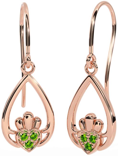 Peridot Rose Gold Silver Claddagh Dangle Earrings