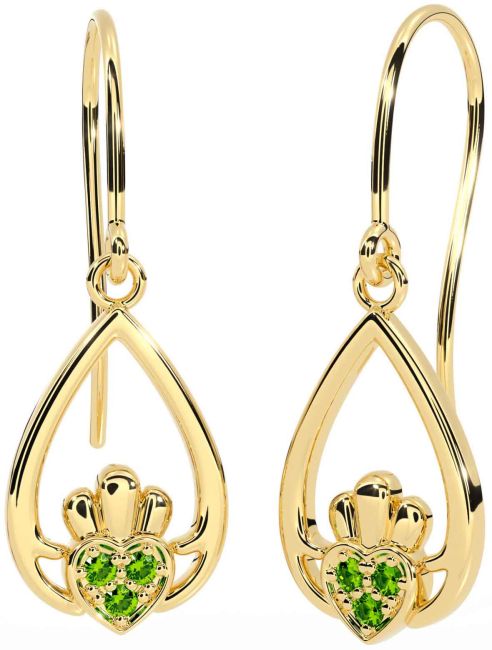 Peridot Gold Silver Claddagh Dangle Earrings