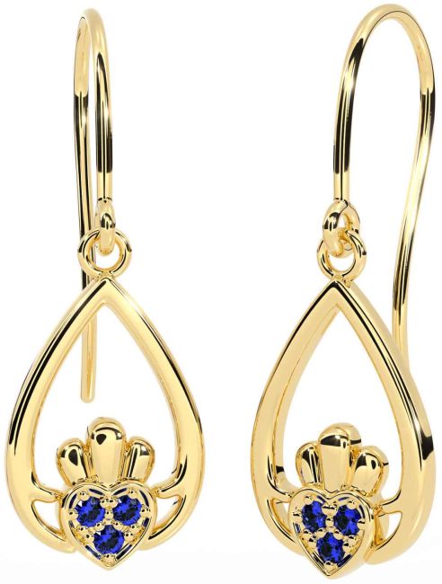 Sapphire Gold Silver Claddagh Dangle Earrings