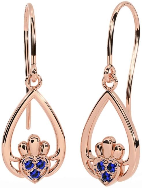 Sapphire Rose Gold Claddagh Dangle Earrings