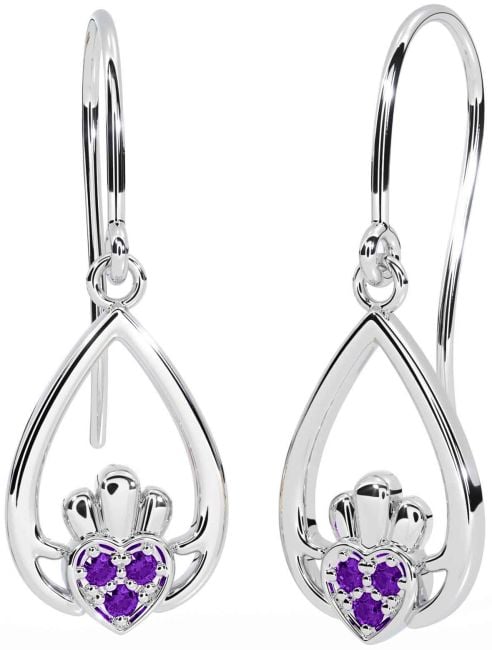 Amethyst Silver Claddagh Dangle Earrings