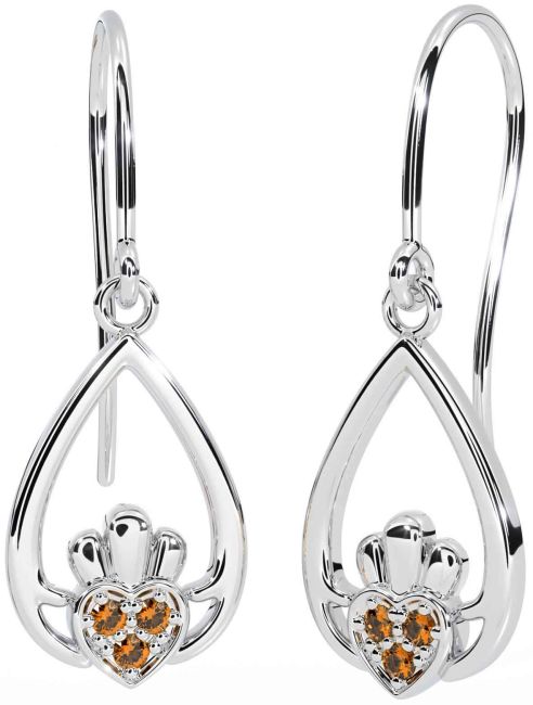 Citrine Silver Claddagh Dangle Earrings