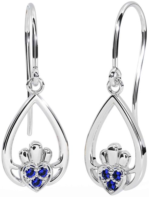 Sapphire Silver Claddagh Dangle Earrings