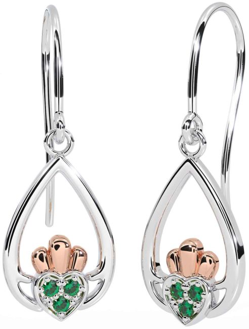 émeraude Rose Or Argent Claddagh Pendre Des boucles d'oreilles