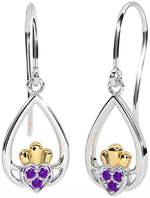 Amethyst Gold Silver Claddagh Dangle Earrings