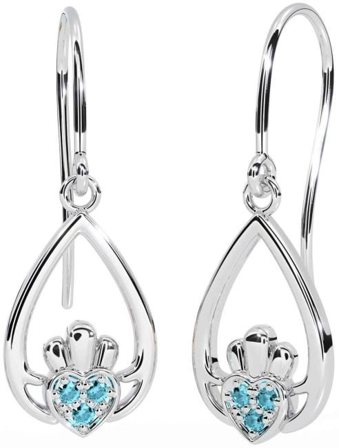 Aquamarine White Gold Claddagh Dangle Earrings