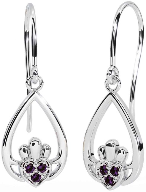 Alexandrite White Gold Claddagh Dangle Earrings