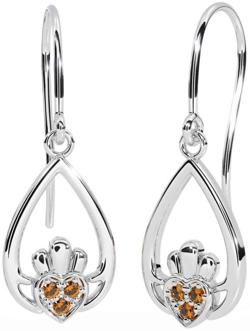 Citrine White Gold Claddagh Dangle Earrings