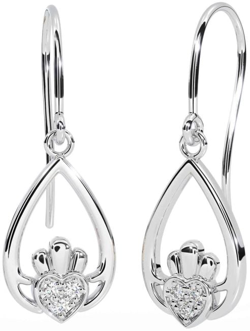 Diamond White Gold Claddagh Dangle Earrings