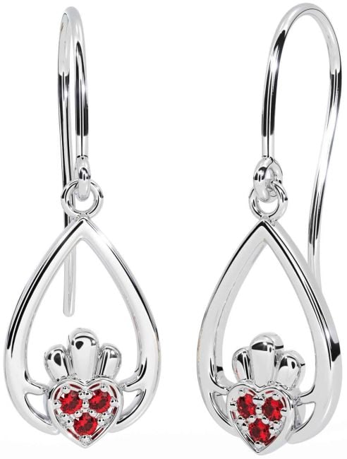 Ruby White Gold Claddagh Dangle Earrings