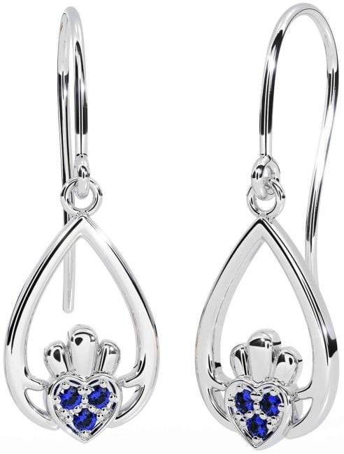 Sapphire White Gold Claddagh Dangle Earrings