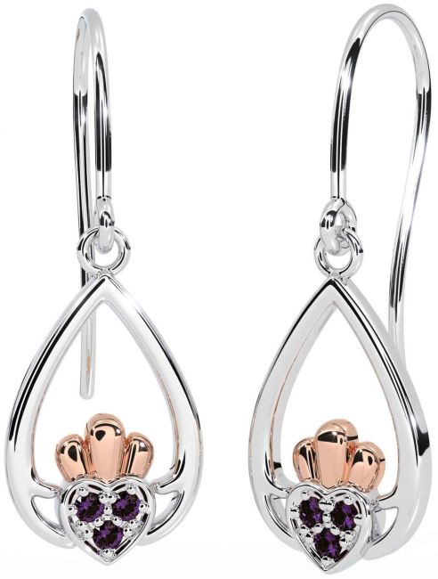 Alexandrite White Rose Gold Claddagh Dangle Earrings