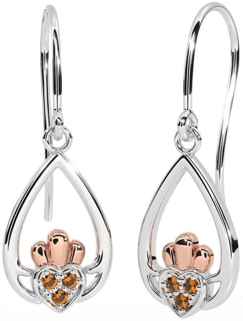 Citrin Weiß Rose Gold Claddagh Baumeln Ohrringe