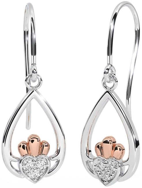 Diamond White Rose Gold Claddagh Dangle Earrings