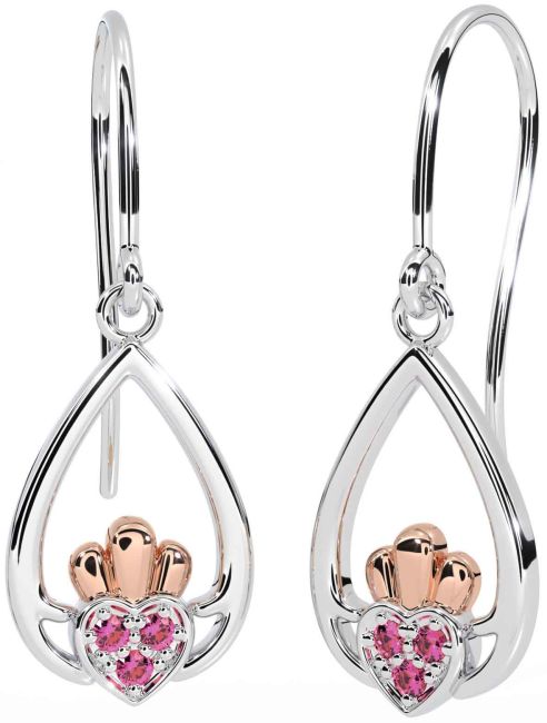 Pink Tourmaline White Rose Gold Claddagh Dangle Earrings