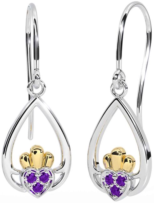 Amethyst White Yellow Gold Claddagh Dangle Earrings