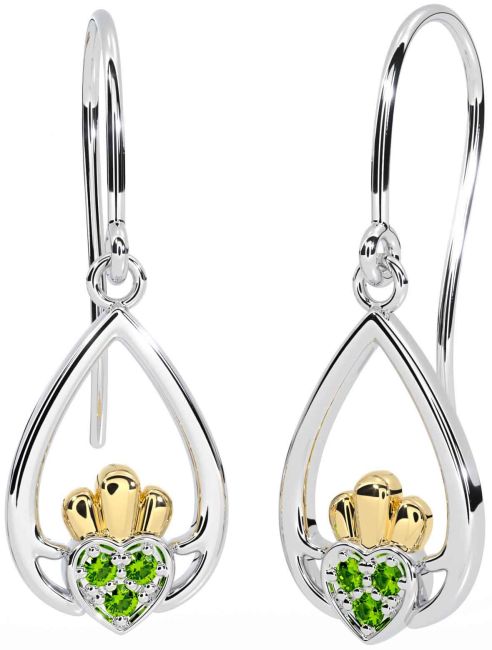 Peridot White Yellow Gold Claddagh Dangle Earrings