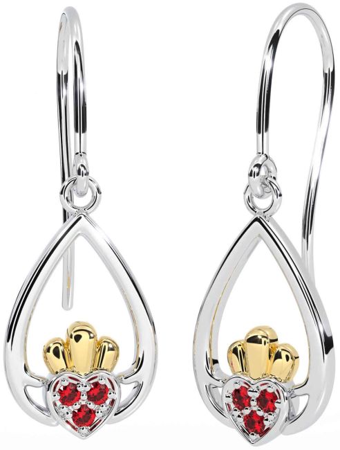 Ruby White Yellow Gold Claddagh Dangle Earrings