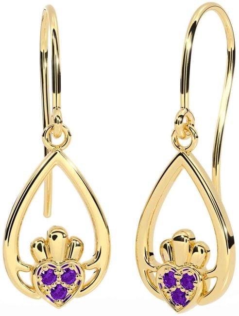 Amethyst Gold Claddagh Dangle Earrings