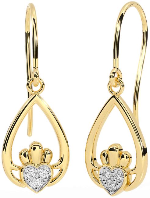 Diamond Gold Claddagh Dangle Earrings