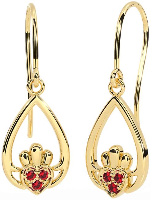 Ruby Gold Claddagh Dangle Earrings