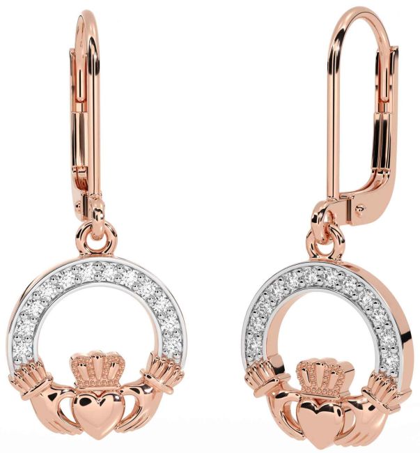 Diamond Rose Gold Claddagh Dangle Earrings