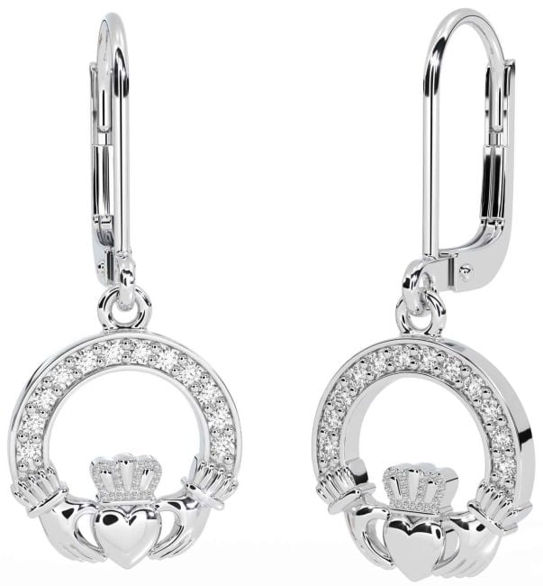 Diamond White Gold Claddagh Dangle Earrings