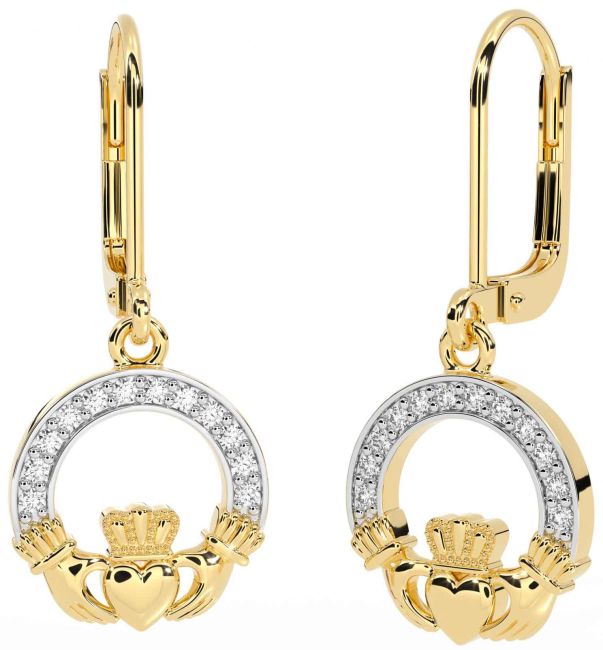 Diamond Gold Claddagh Dangle Earrings