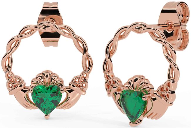 Emerald Rose Gold Silver Celtic Claddagh Trinity Knot Stud Earrings