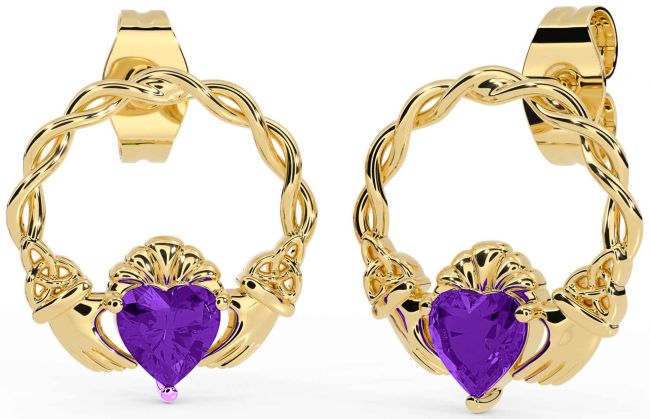 Amethyst Gold Silver Celtic Claddagh Trinity Knot Stud Earrings