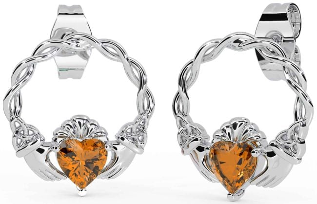 Citrine Silver Celtic Claddagh Trinity Knot Stud Earrings