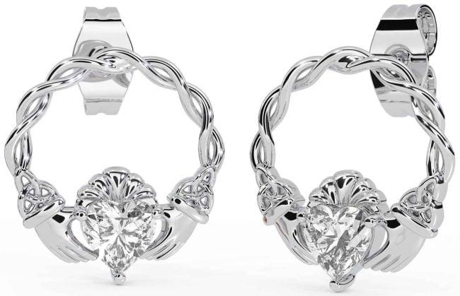 Diamond Silver Celtic Claddagh Trinity Knot Stud Earrings