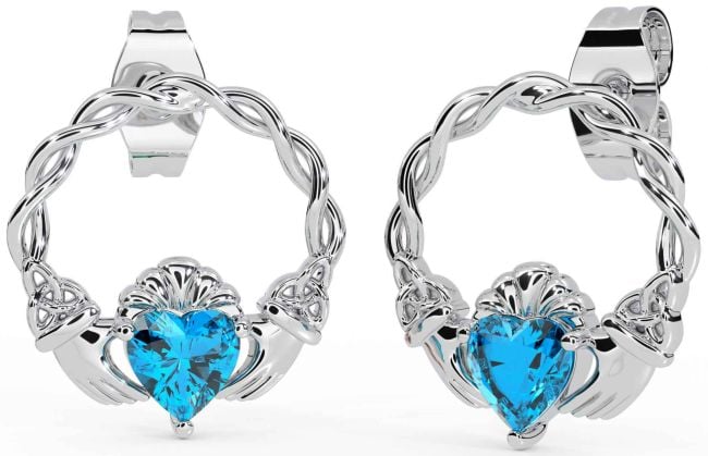 Topaz Silver Celtic Claddagh Trinity Knot Stud Earrings