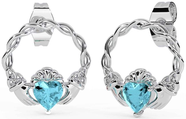 Aquamarine White Gold Celtic Claddagh Trinity Knot Stud Earrings