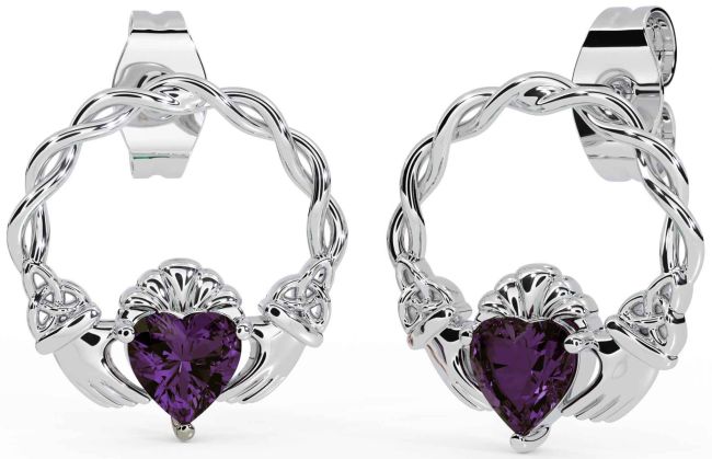 Alexandrite White Gold Celtic Claddagh Trinity Knot Stud Earrings