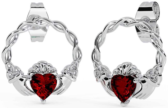 Garnet White Gold Celtic Claddagh Trinity Knot Stud Earrings