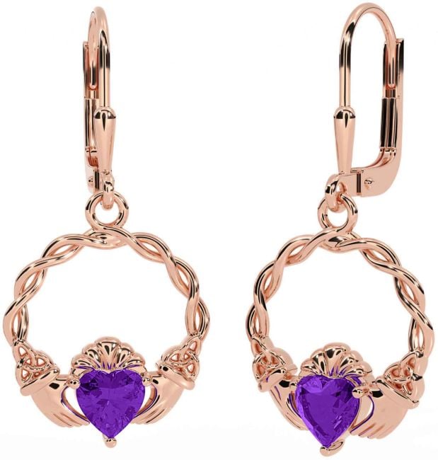 Amethyst Rose Gold Silver Celtic Claddagh Trinity Knot Dangle Earrings