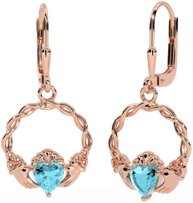 Aquamarine Rose Gold Silver Celtic Claddagh Trinity Knot Dangle Earrings