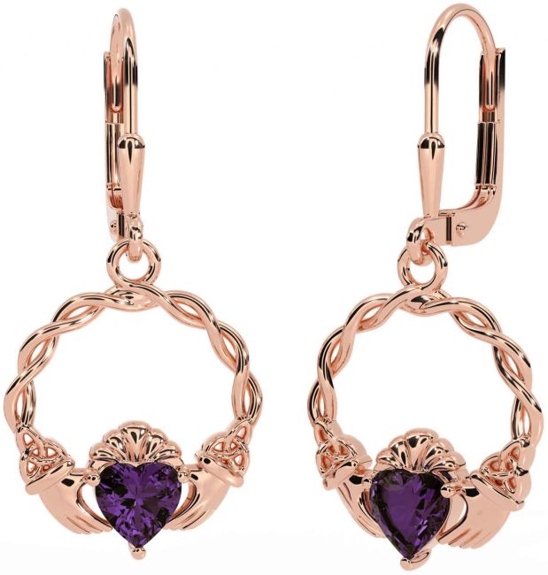 Alexandrite Rose Gold Silver Celtic Claddagh Trinity Knot Dangle Earrings