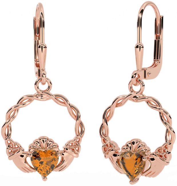 Citrine Rose Gold Silver Celtic Claddagh Trinity Knot Dangle Earrings