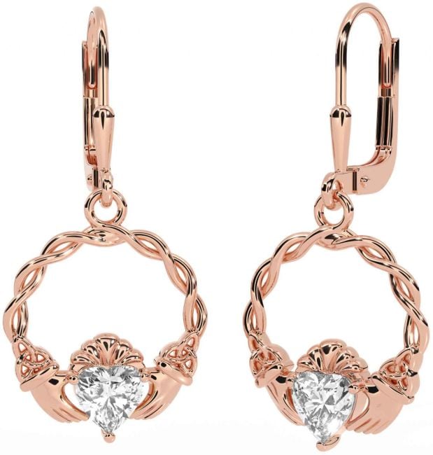 Diamond Rose Gold Silver Celtic Claddagh Trinity Knot Dangle Earrings