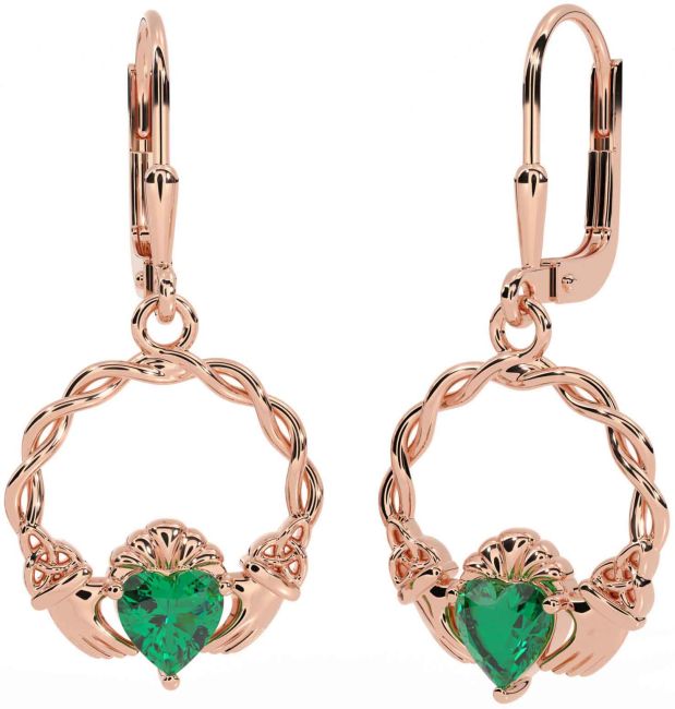 Emerald Rose Gold Silver Celtic Claddagh Trinity Knot Dangle Earrings