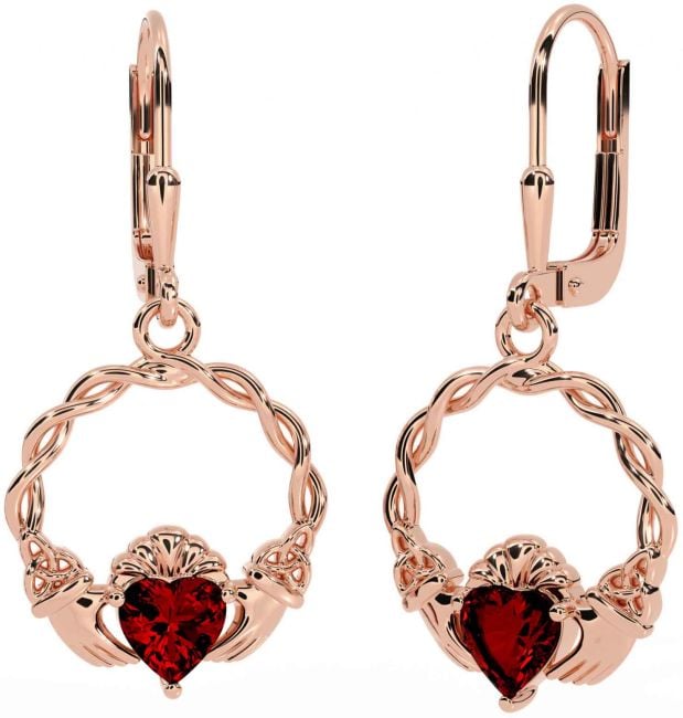 Garnet Rose Gold Silver Celtic Claddagh Trinity Knot Dangle Earrings