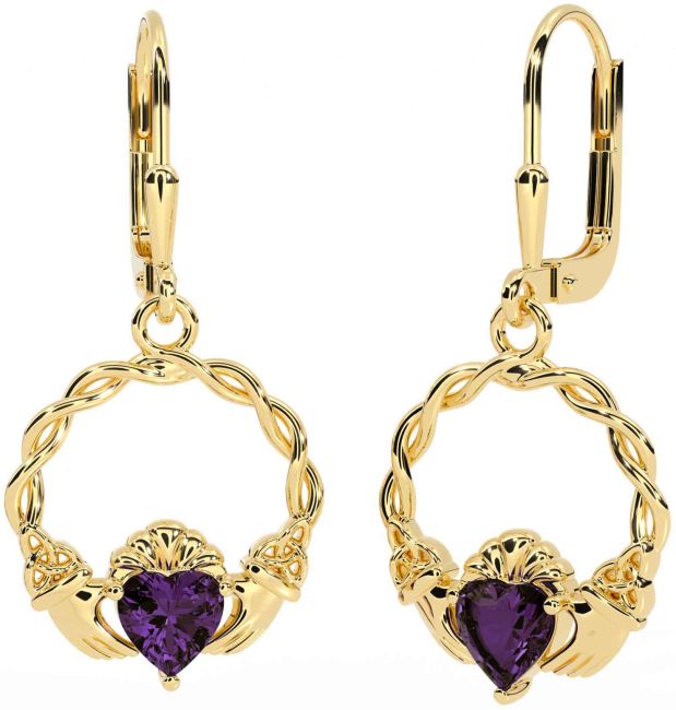 Alexandrite Gold Silver Celtic Claddagh Trinity Knot Dangle Earrings