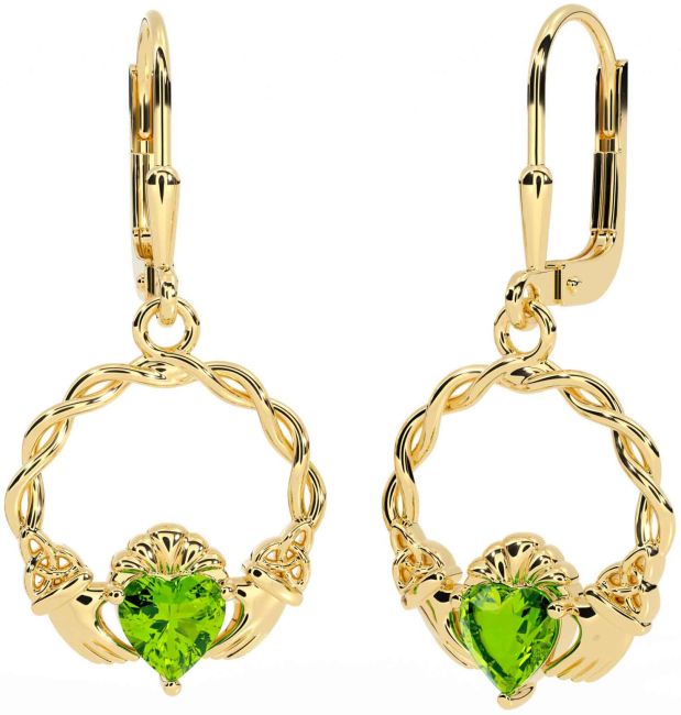 Peridot Gold Silver Celtic Claddagh Trinity Knot Dangle Earrings