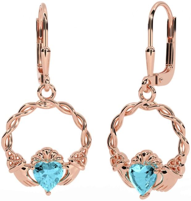 Aquamarine Rose Gold Celtic Claddagh Trinity Knot Dangle Earrings