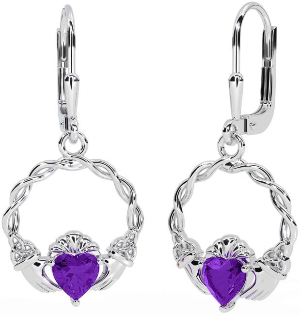 Amethyst Silver Celtic Claddagh Trinity Knot Dangle Earrings